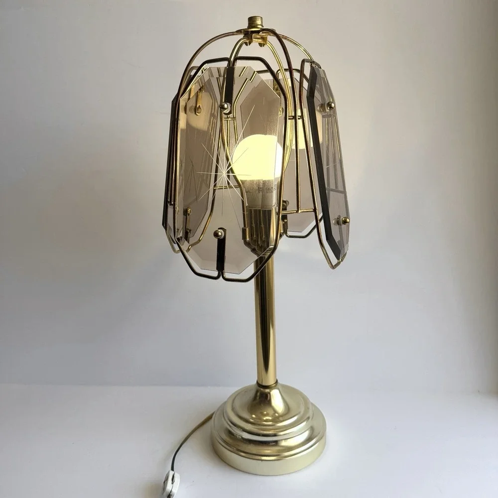 Mcm Starburst Etched Smoky Glass Panel Brass Frame Table Top Accent Lamp VTG